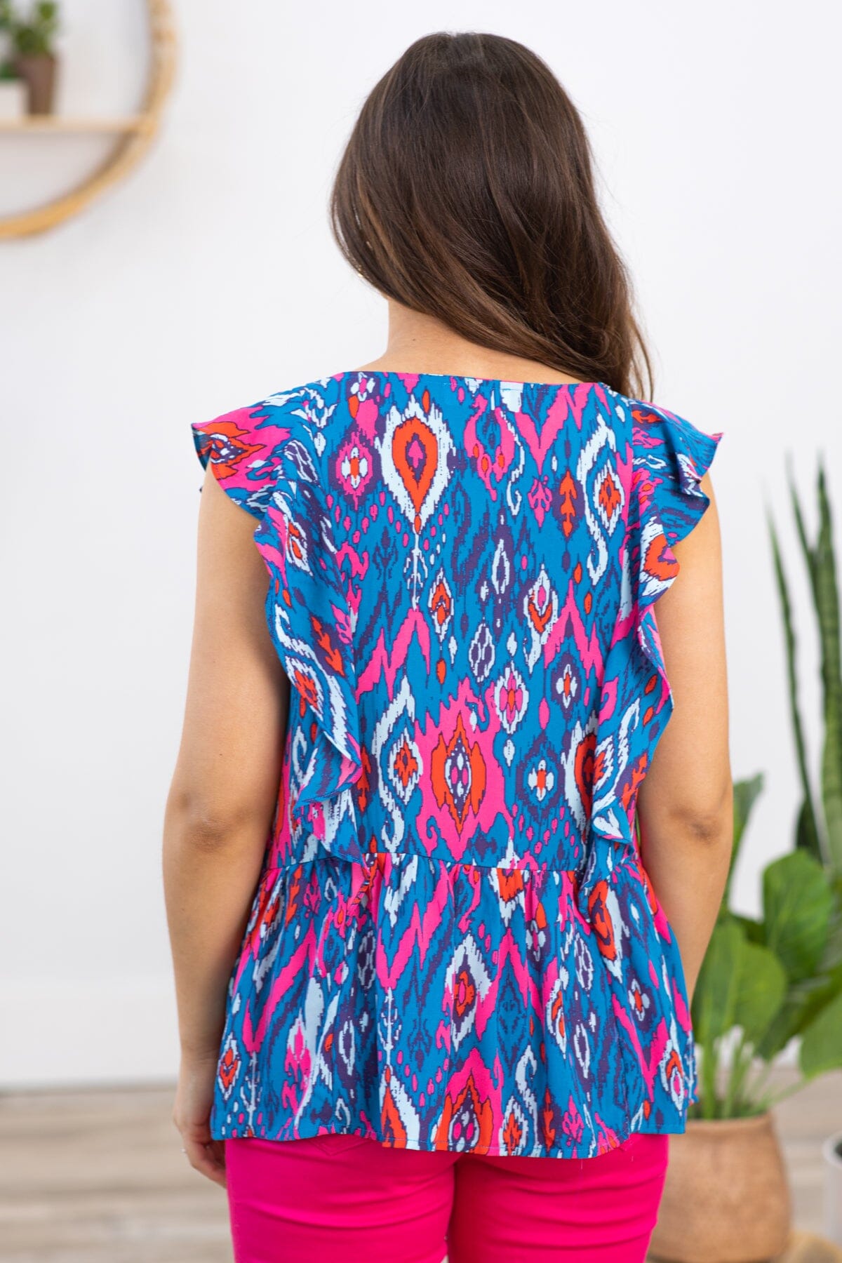 Royal Blue and Pink Abstract Print Top
