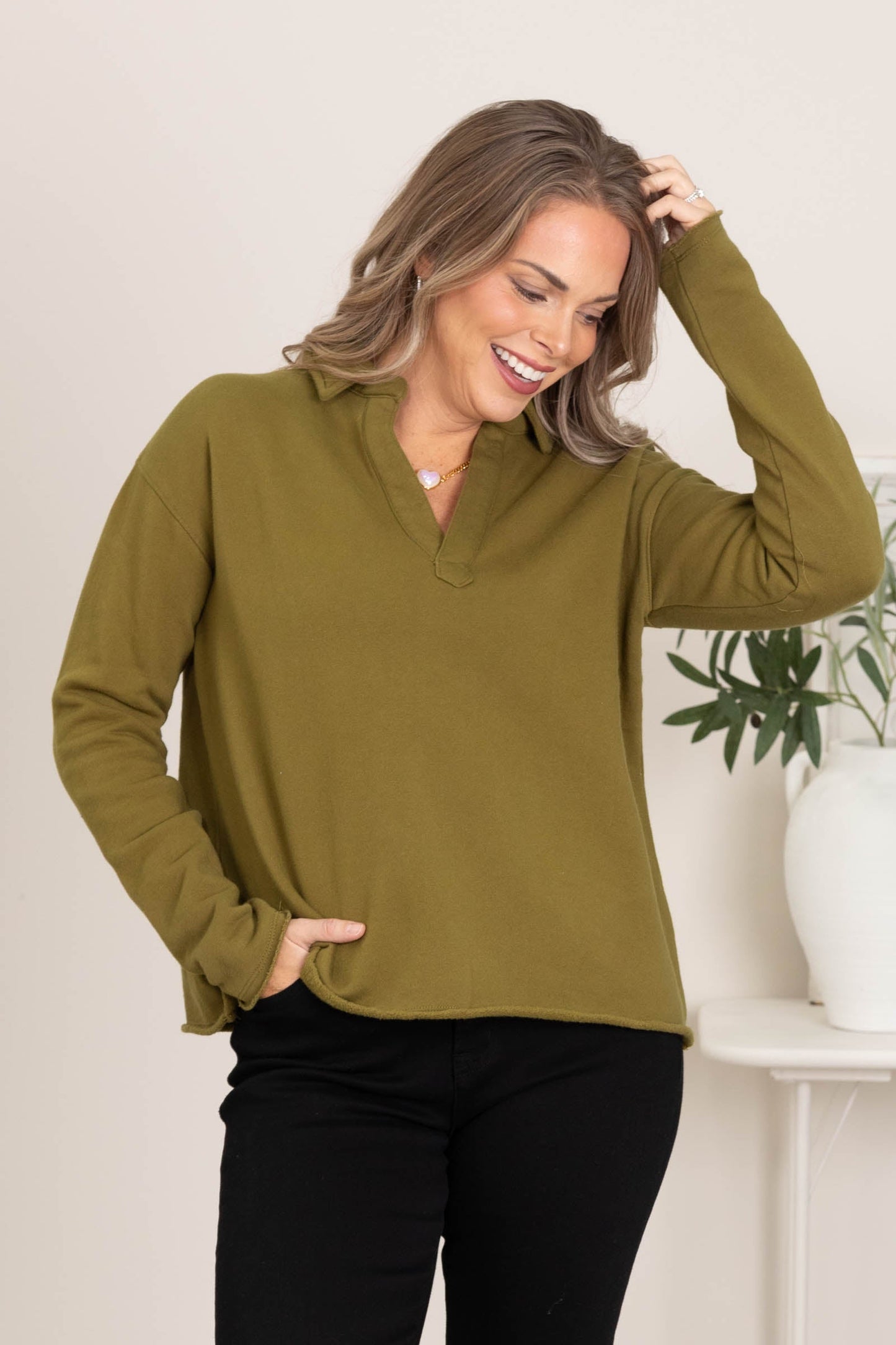 French Terry Raw Edge V-Neck Top