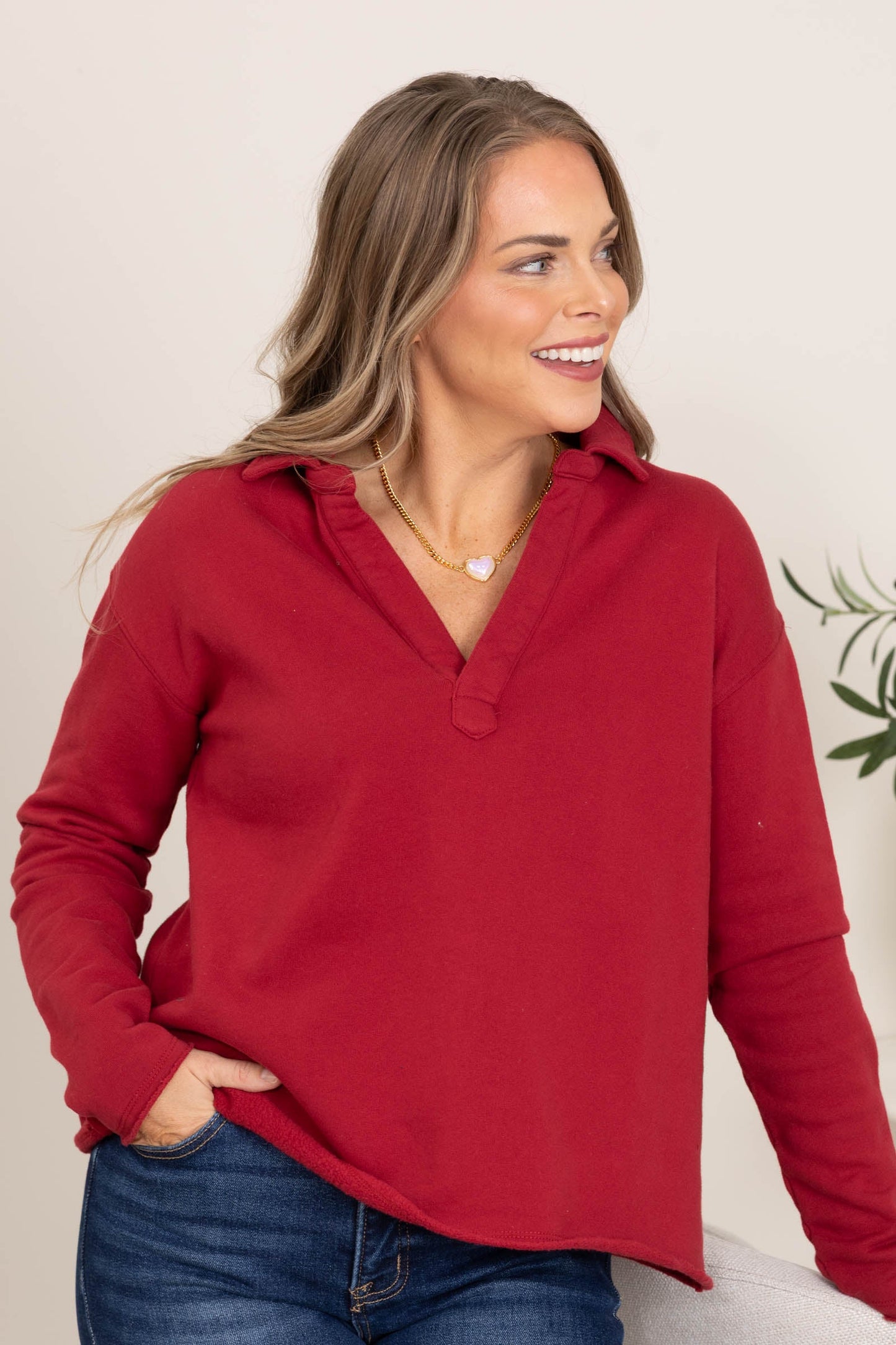 French Terry Raw Edge V-Neck Top