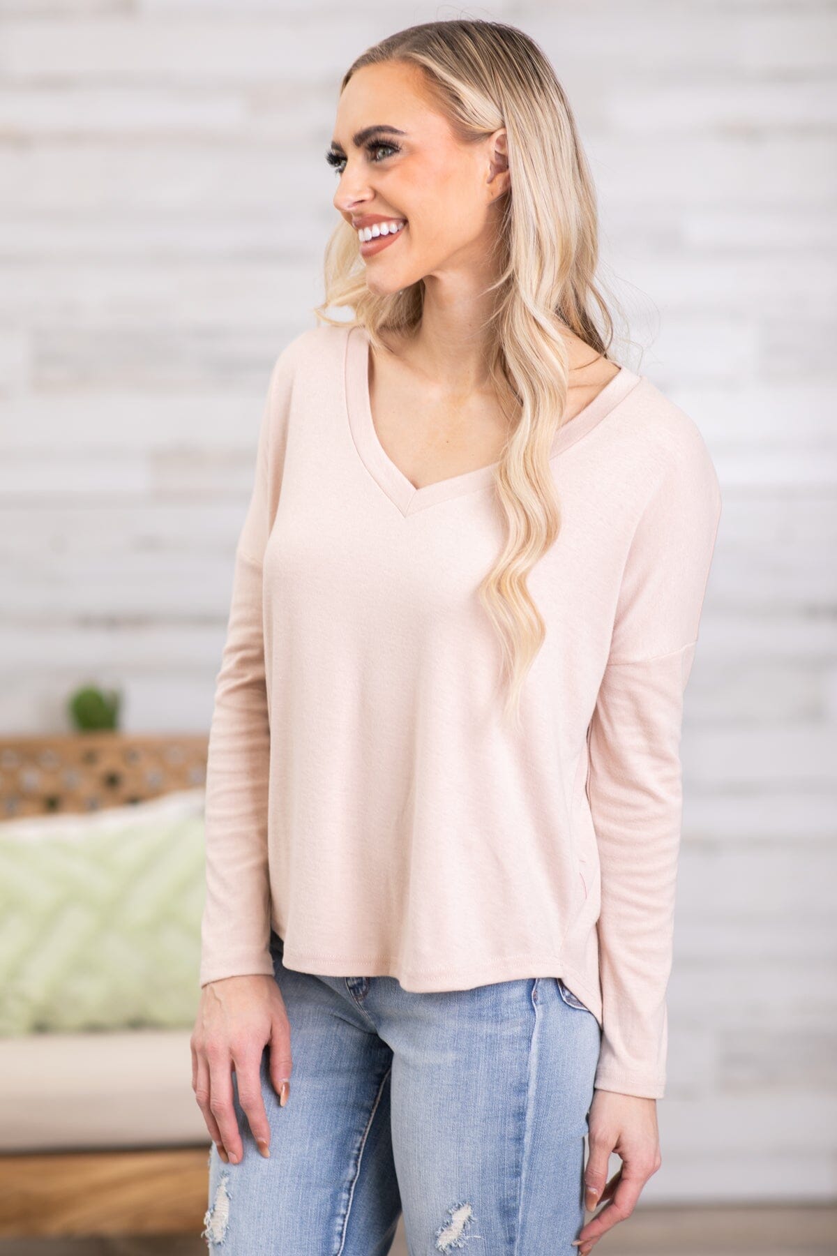 Beige V-Neck Long Sleeve Top