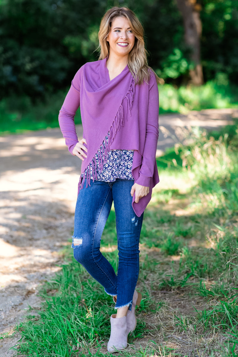 Mauve Fringe Trim Cardigan