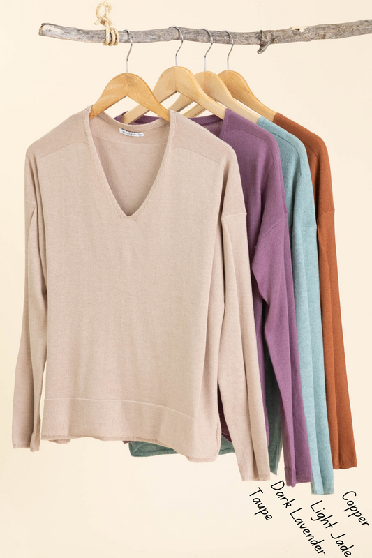 Lightweight V-Neck Two Tone Detail Knit Tops