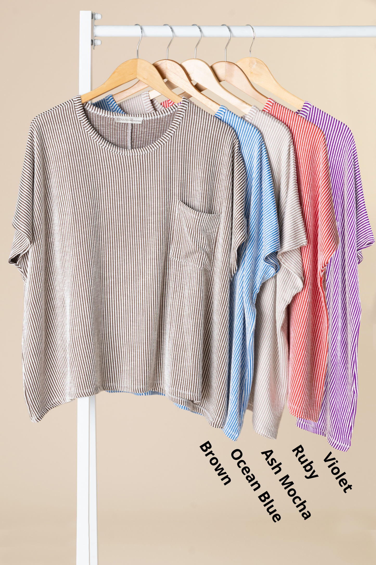 Ribbed Front Pocket Short Sleeve Knit Tops