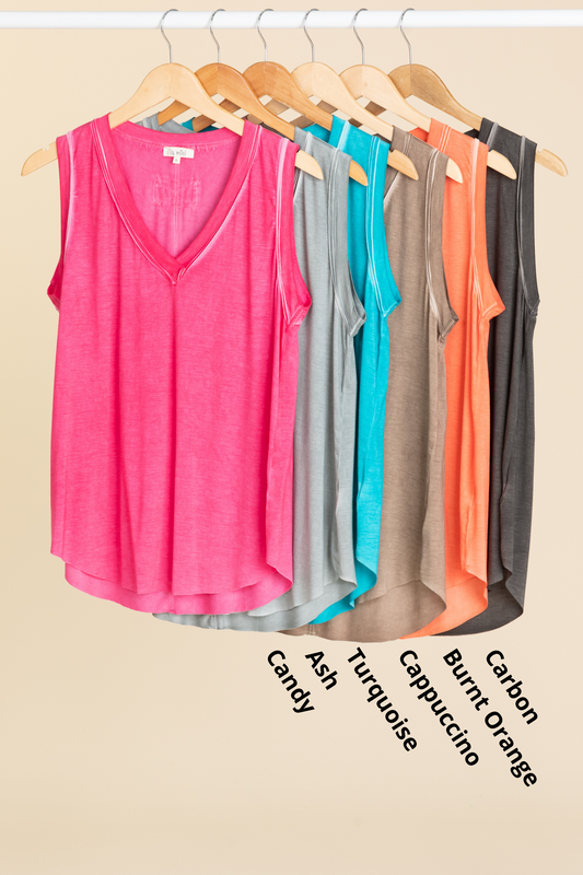 Washed V-Neck Raw Hem Knit Tanks