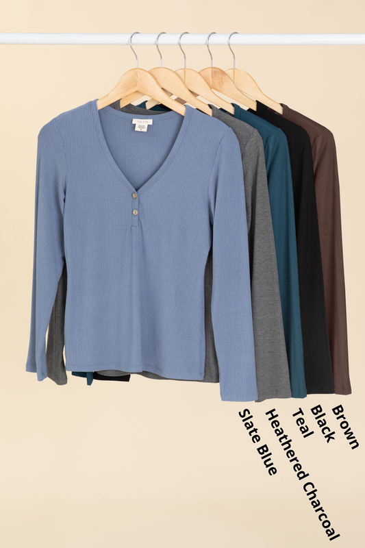 Ribbed V-Neck Knit Top With Buttons