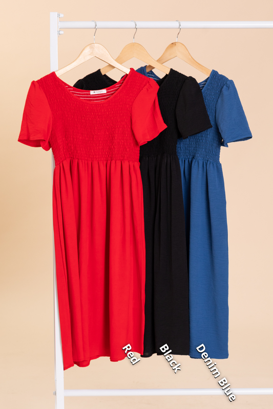 Flowy Skirt Smocked Bodice Midi Woven Dress