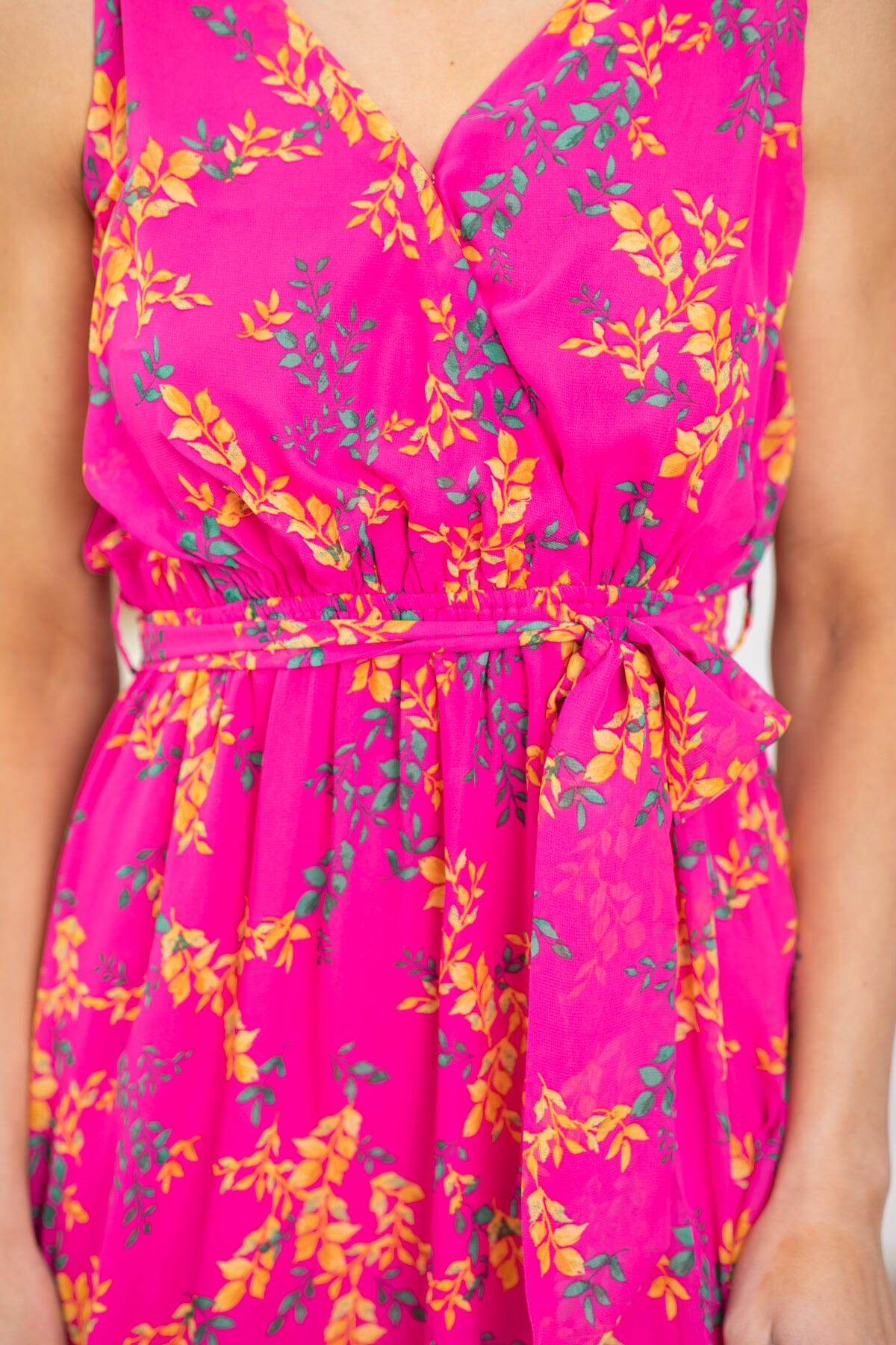 Hot Pink Floral Print Surplice Front Maxi Dress