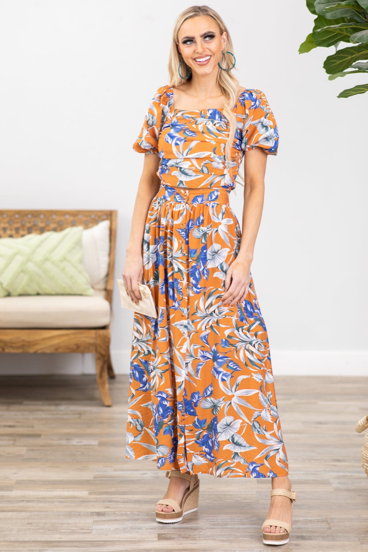Orange and Cobalt Floral Square Neck Top