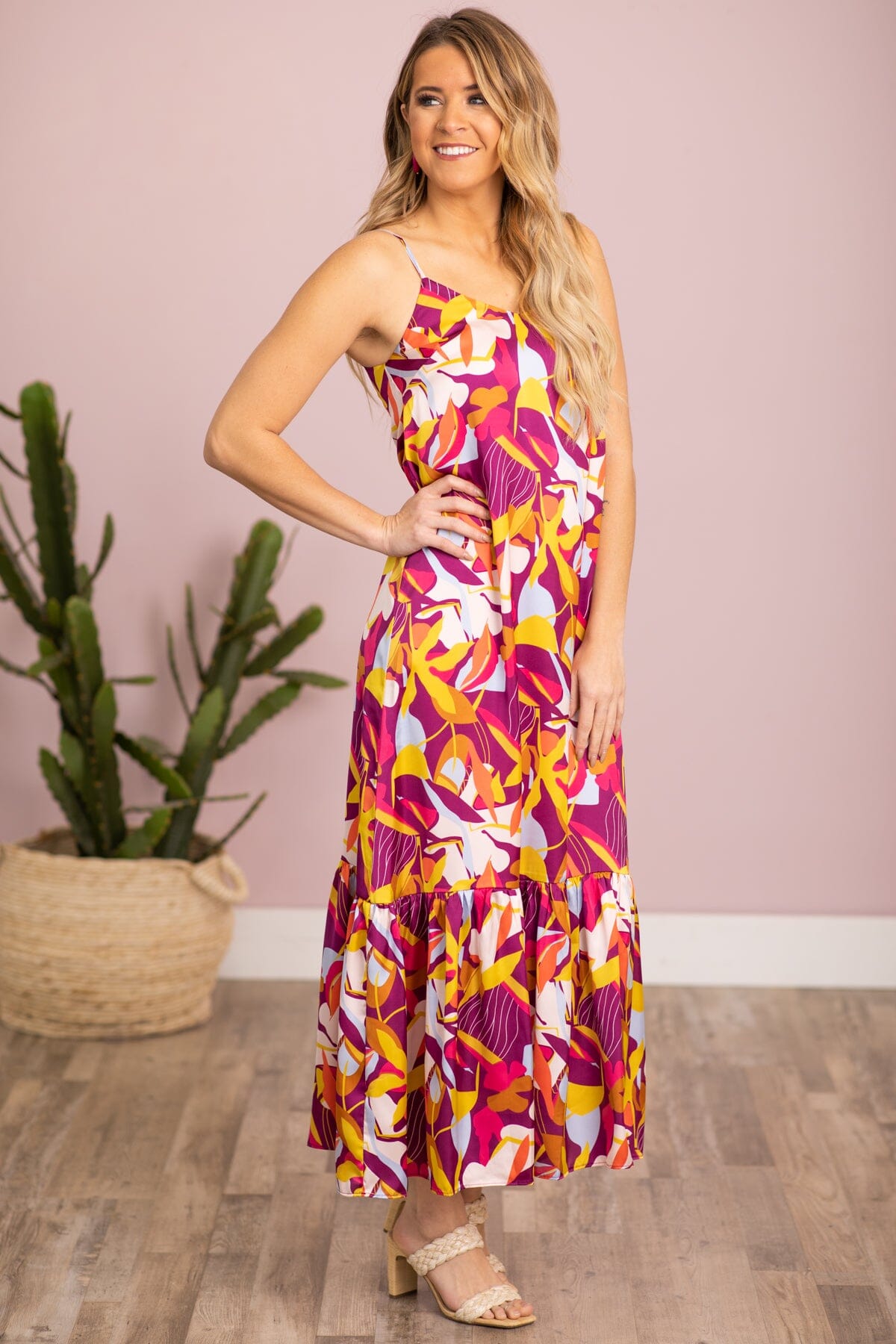 Raspberry and Yellow Tropical Print Maxi Dress