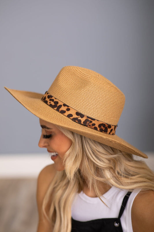 Tan Woven Hat with Animal Print Band