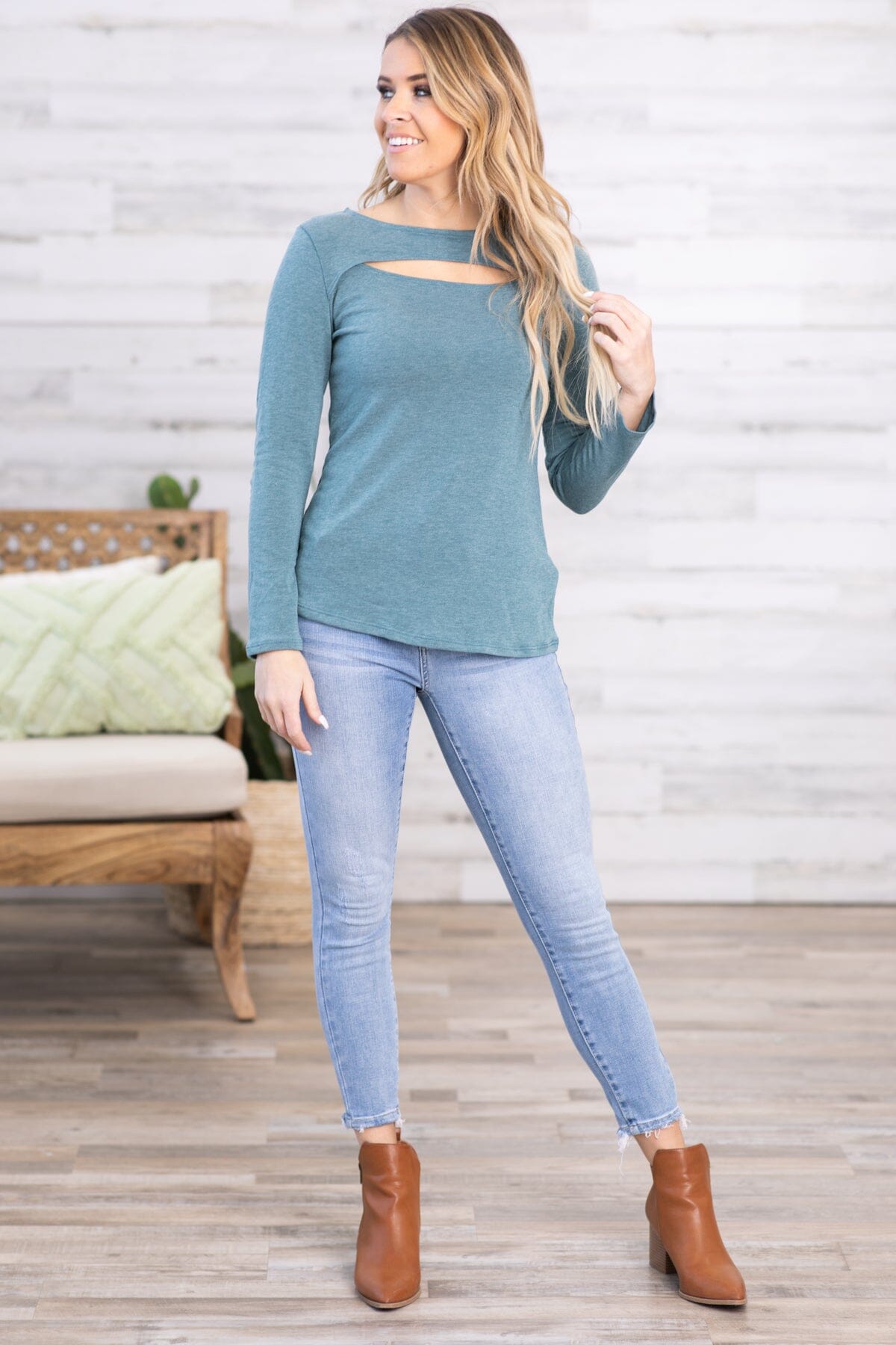 Teal Long Sleeve Top With Cutout Detail